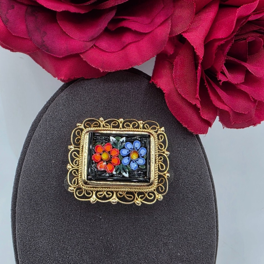 Vintage Italian Micro Mosaic Brooch Floral Design Gold Tone Filigree Pin Marked